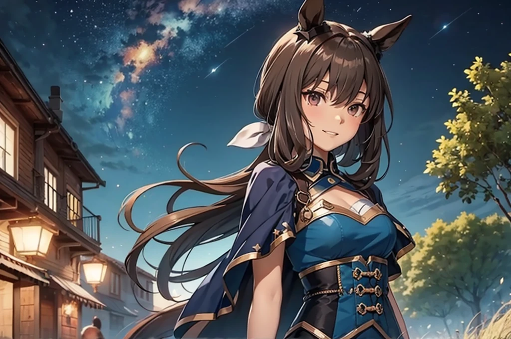 masterpiece、Highest Resolution、Highest quality、Highest quality、high quality anime、sharp、sharp効果、sharp塗り、sharp化、solo。Adult woman with horse ears。Blue Dress、Blue shoulderless dress。brown shorts、Brown pantyhose。Large light blue cloak。Moonlit night starry sky background、breeze、Chest centered。Dark lipstick、Grinning face、Beautiful breasts、Touch your head with your hand。Brown Eyes。Brown Hair、Long Hair、Half Twin、Half Up。hair ornaments。