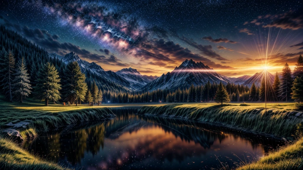 (logo, wonderful, 8k, Tabletop, RAW Photos, wonderful, 最high quality, PhotoRealistic and Very detailed, CG, high quality, Very detailed, Narrative poem, Particle Effects, Dynamic Effects, Text Border Depth, Cinema Lighting, Flare, Ray Tracing, Tabletop, Realistic, Ultra HD, Fantasy), Wind, The beauty and brilliance of mountains and forests, The tranquility and beauty of the grasslands and open lands of the world, Lakeside, wonderful scenery, Beautiful natural scenery, night, Starry Sky, constellation, Faint full moon, space, nice, View, water, reflection, constellation, wonder, wonderful, meteor, magic, Best lighting, Best Shadow, amazing