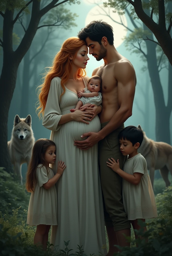 Couple pregnant woman with long hair strawberry blonde amber eyes wearing a beautiful white dress and a tanned man with short wavy black hair bright green eyes defined body protective and extremely handsome with two children a  with clothes in the middle of the couple and a baby with a little dress on the mother&#39;s lap ,in a dark forest in the moonlight with wolves 
