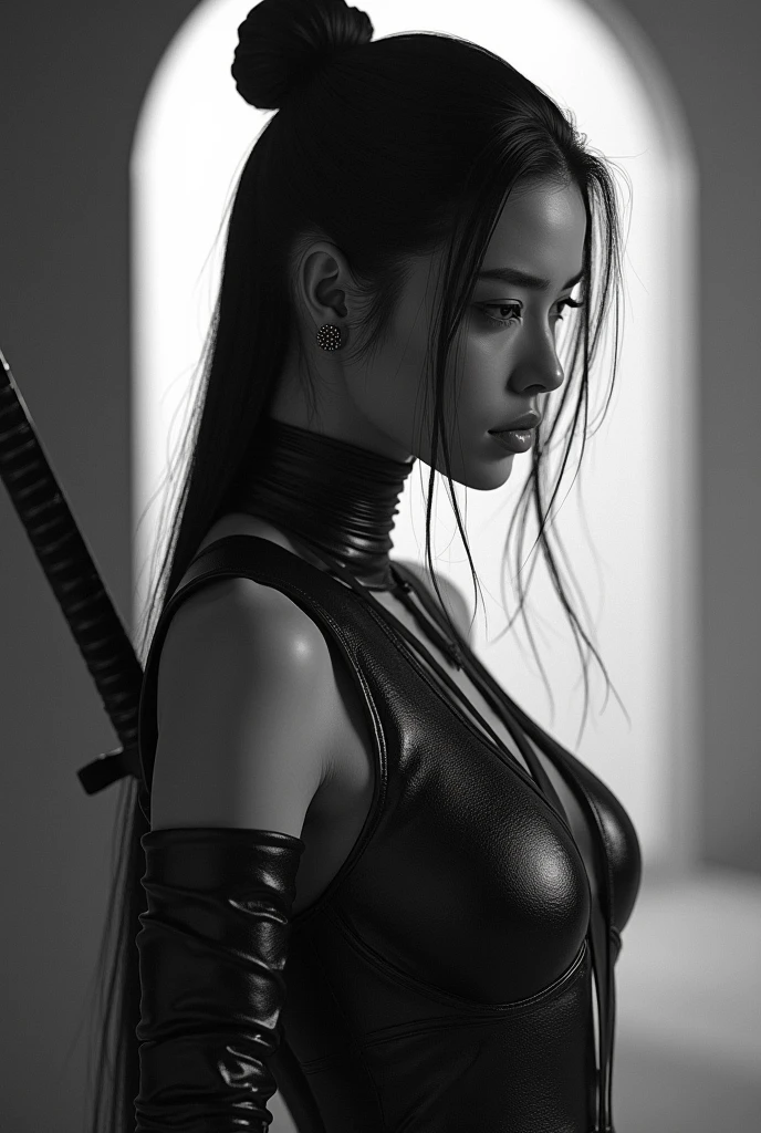Cyber samurai woman, Monotone color fashion,  ((masterpiece, highest quality, Highest image quality, High resolution, photorealistic, Raw photo, 8K)), ((Extremely detailed CG unified 8k wallpaper)), (huge stunning goddess shot, very hot and sexy, jaw-dropping beauty, perfect proportions, beautiful body, slim body beauty:1.4),  