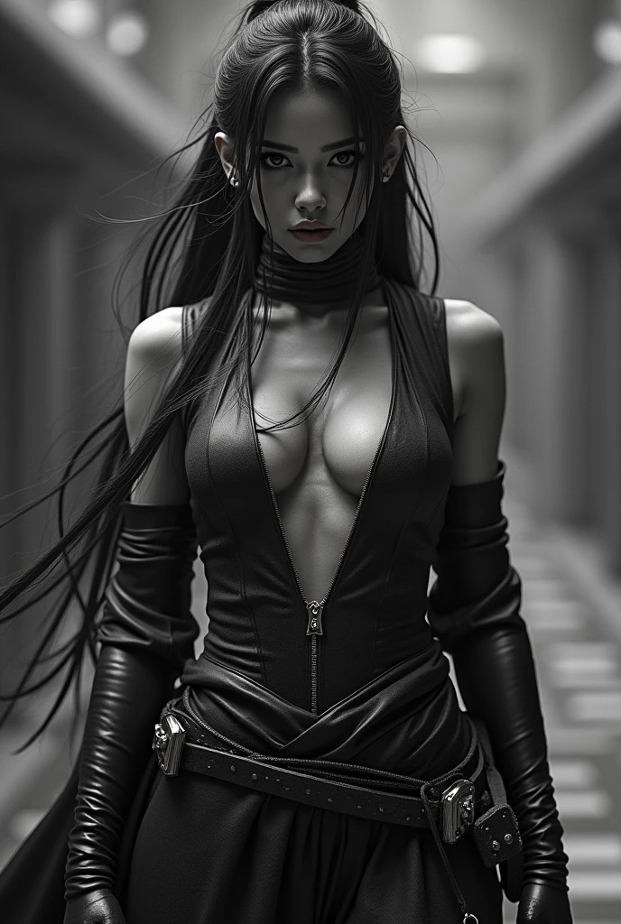 A female haunting, a black shadow with bright white eyes. (Bullish, slim, pointy fingers) completely black silhouette-like. The eyes are like two bright white dots and the face cannot be seen, Besides, her long black hair spreads down to her knees.
{sculpted body; work of art; bottom is im dark hallway; She's standing in the middle of the hallway, the face does not appear and the glowing white eyes look at the viewer. A tall creature, humanoid, slim com um vestido preto q assim como o corpo não aparece em detalhes, just a silhouette.