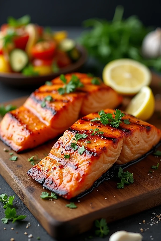 Create an image of this recipe: Grilled Salmon with Honey Mustard Sauce Ingredients:
- Salmon fillets: 200 g - Dijon mustard: 10 g - Honey: 10 g - Garlic: 10 g - Olive oil: 15 ml
- Sal: 5 g - Pepper: 2 g Preparation:
1. Preheat grill to high temperature.
2. Mix the mustard, honey and minced garlic in a bowl.
3. Season the salmon fillets with salt and pepper., and spread with the mustard and honey mixture.
4. Place the salmon on the grill and cook for 4-5 minutes on each side., until golden and cooked in the center.
5. Serve hot with a side of roasted vegetables or salad..