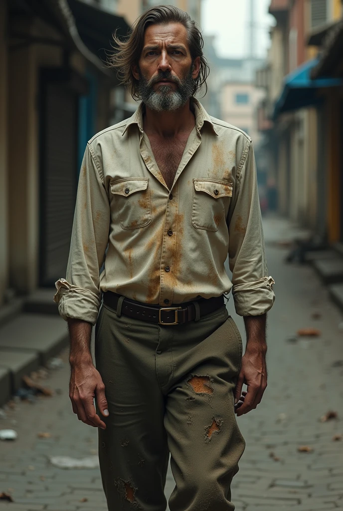 Create an image of a man who has a face that expresses wealth However, he is wearing dirty clothes, torn and in poor condition, typical of a homeless person. Clothing must be dirty and worn, with visible stains and tears, contrasting sharply with his countenance. The scene is supposed to capture the duality between his wealthy appearance and his beggar's attire..
