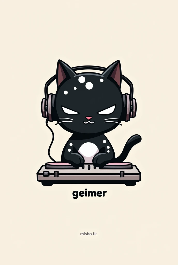 Can you create me a logo of a black cat with white spots? "GEIMER" that he has headphones AND IS PLAYING and below that he has the words "MISHO TK"