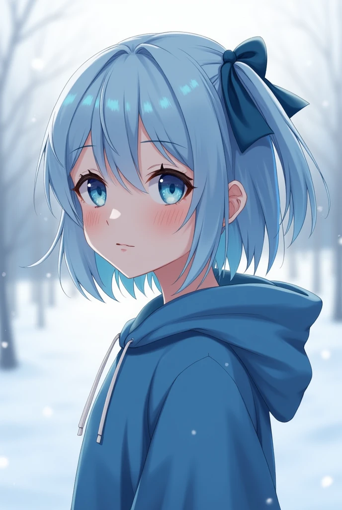1girl,light blue hair,blue eyes,hair ribbon,blue hoodie,winter,looking at viewer,profile picture