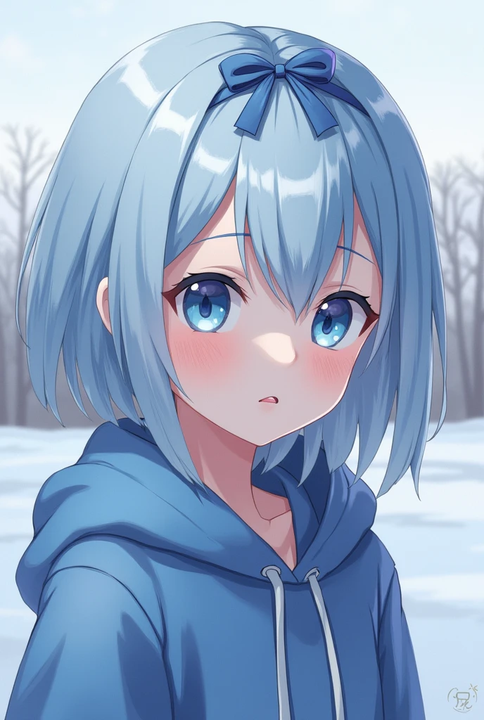 1girl,light blue hair,blue eyes,hair ribbon,blue hoodie,winter,looking at viewer,profile picture