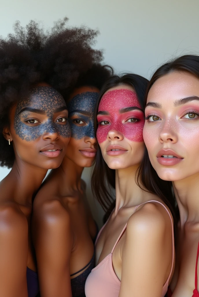 Creative playful aesthetic Banner of four real models female with applied different face masks like coffee, charcoal, rose and rice