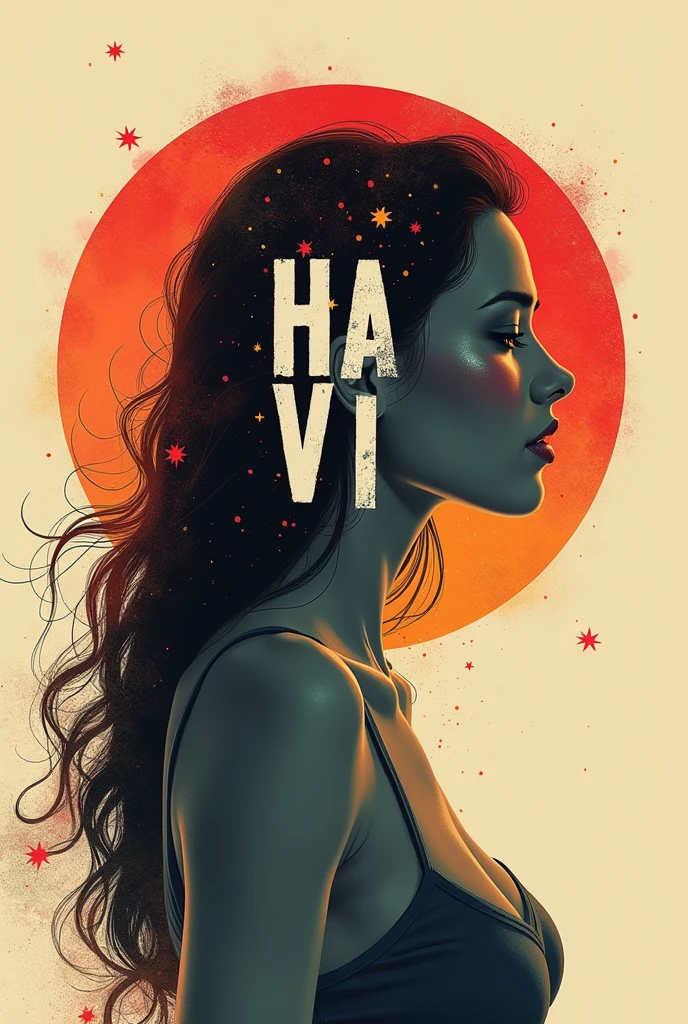 centralized writing HA VI with a capital letter and PHAM with a lowercase letter, written with planet being the name highlighted
with planet elements, the shadow of a woman making a headline, a radiant star, a simple contemporary art background,hong khong 90s, long hair