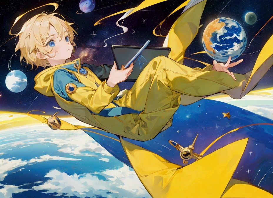 The image shows a figure of a child "the little Prince" floating in space with a background of stars and planets. "the little Prince"is in a dynamic and relaxed pose, with the body slightly leaning back and the head turned to one side. The right hand holds a digital pen near his mouth, as if in a thoughtful or creative pose, while the left hand is extended forward, with fingers open towards the camera giving the sensation of perspective in the pose.

The left leg is extended and sticking out over what appears to be a graphics tablet, while the right leg is partially bent also magically coming out of the tablet. On the graphics tablet you can see the logo of "XP-Pen", a well-known brand of graphic tablets.
The figure of the "principle" It&#39;s magically coming out of the tablet.
The composition of the image gives a sense of creativity in a vast and expansive environment., suggesting that the act of creating digitally is something that can be as limitless as space.

Anime style semi realism illustration.