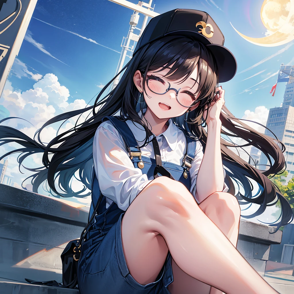 a girl with glasses, closed eyes and laughing loudly, sitting on a crescent moon, kawaii, 1girl, best quality, 3 heads、Overalls、Baseball Cap, 8k, highres, masterpiece:1.2, ultra-detailed, realistic, photorealistic, photo-realistic:1.37, HDR, uhd, studio lighting, ultra-fine painting, sharp focus, physically-based rendering, extreme detail description, professional, vivid colors, bokeh, portraits、