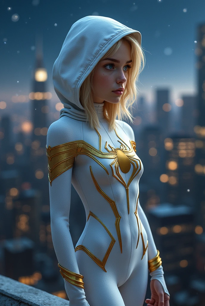 A picture of a blonde, Blue-eyed teenager in a spiderwoman costume but white with gold., with a hood and a golden spider on the chest and golden webs, with his back to the roof of a building at night looking at other buildings 🌃 