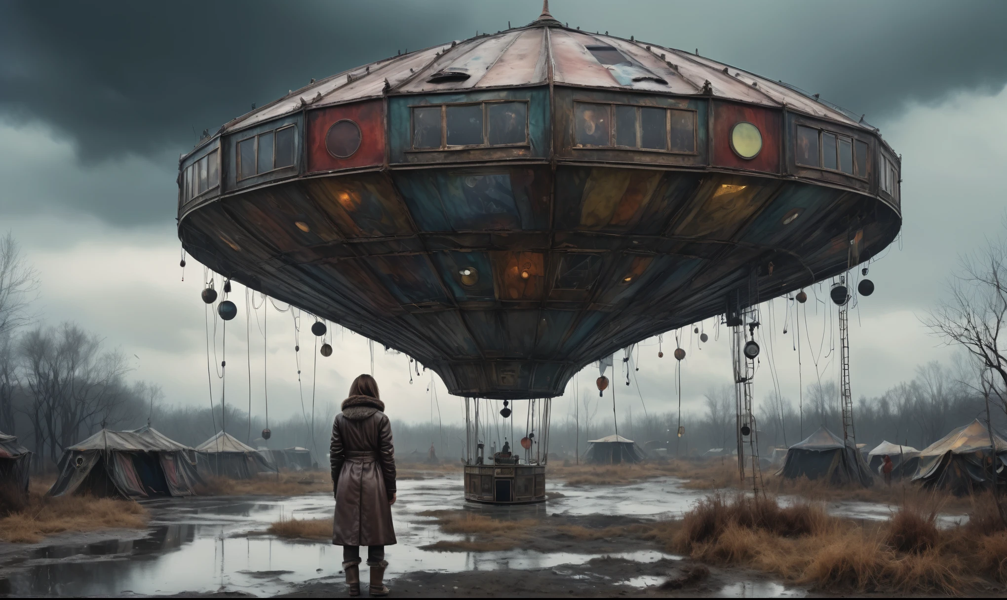 insane pilot from USSR , camouflage Rusty, after a psychiatric clinic,winter,intricate landscape,slate grey atmosphere,film grain,faded,eyes extremely detailed,another world,view from height,once pretty face,eyebrow up,full body shot,ominous landscape, Simon Stalenhag,Nicola Samori,full body shot,beggar paladium The Alien Entity,Technicolor,natural skin textures, hyper realism, hyper detailed,Extremely detailed,High contrast,Masterpiece,Realistic,Ultra Detailed, intricate details,realistic humid leather,extremly intricate,Epic Realistic, cinematic style,irina yermolova,high contrast,hdr,extremely detailed, deep night landscape,masterpiece,intricate details,faded,eyes extremely detailed, high detailed eyes,8k resolution,RAW,retina, Nikon Z9,China,tkt style, transition between two art styles, Ink painting to photorealism, Double contact, X-ray, Creative, vivid light, masterpiece, fantasy, Abstract Surrealism, super detailed, high resolution, stop:35;Her skin is pale, almost translucent,ancient rock,a hot air soars through the layers of clouds, revealing a colossal and enigmatic cityscape nestled within. The buildings in this ethereal city are adorned with intricate details and exude an aura of mystery. Above the cityscape, lend an enchanting touch to the scene. steampunk. The intricate mechanics create a sense of wonder and fascination, as if stepping into a dreamlike realism,Marta Bevacqua, ais-sinisterz, a derelict circus in the middle of a swamp, remnants of colorful tents, a silent carousel with spectral space monster, all under a sky heavy with storm clouds