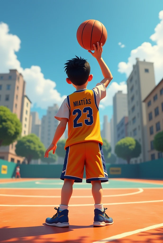 You can make a picture about me, that it be a boy with a round low fade cut, that he is playing on a basketball court about to throw, May his number be 23 and his name be Matías, Below the jersey number you put HUARAL because it is the city where he lives,