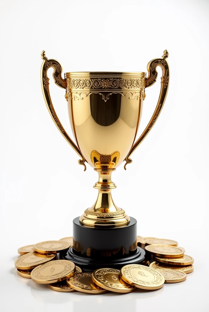 On a white background is a beautiful sports cup with several medals