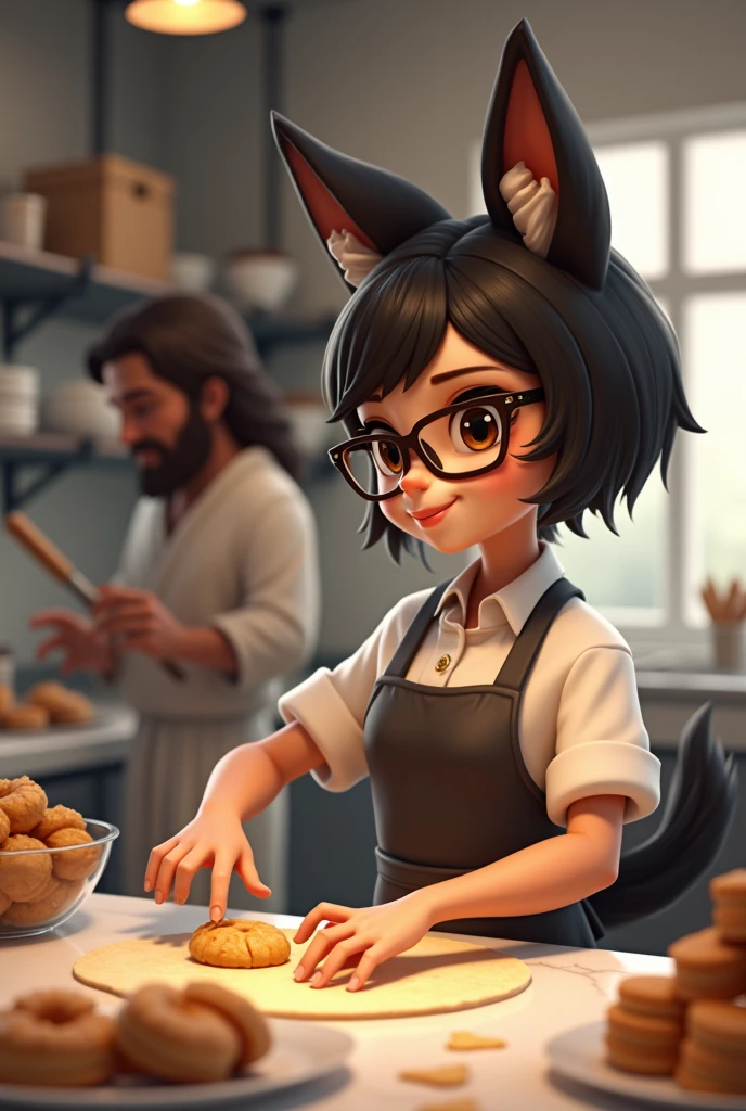 Create a lady with short hair, black fur, Brown eyes, with glasses that makes pastries and that Jesus is with him and that he is happy realistically