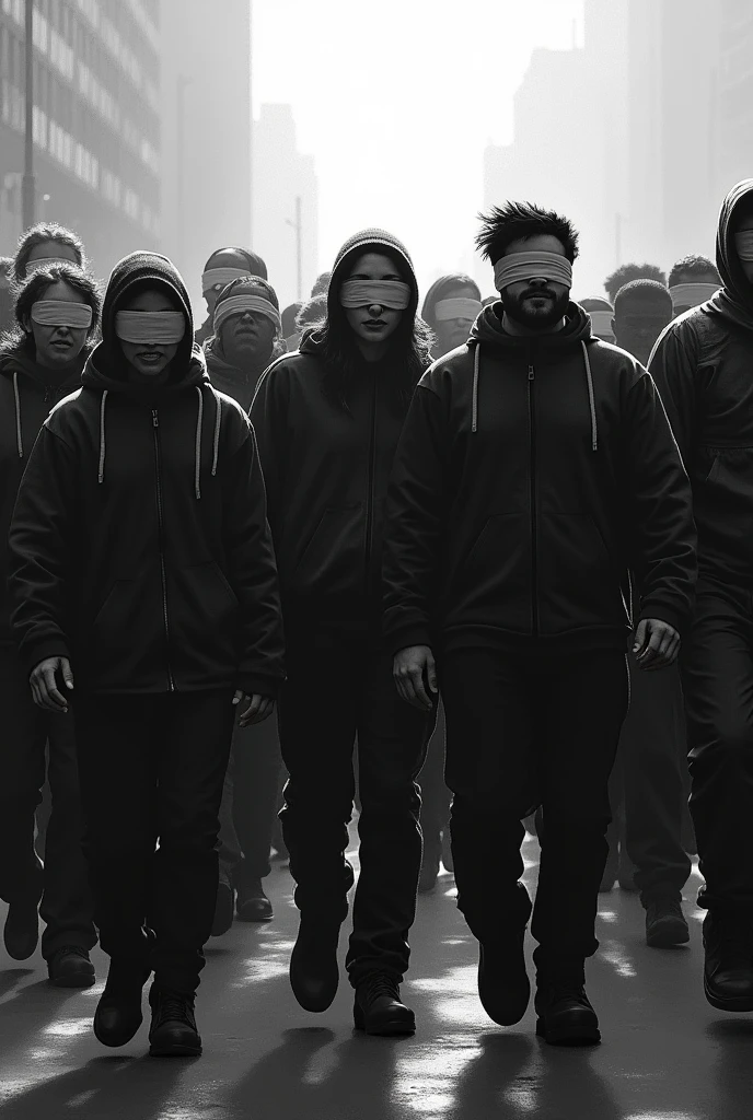 A black and white image of a blindfolded crowd, walking in different directions