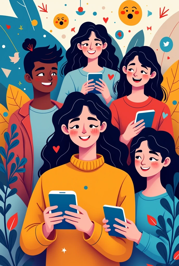 a young cartoon people using social media in portrait
