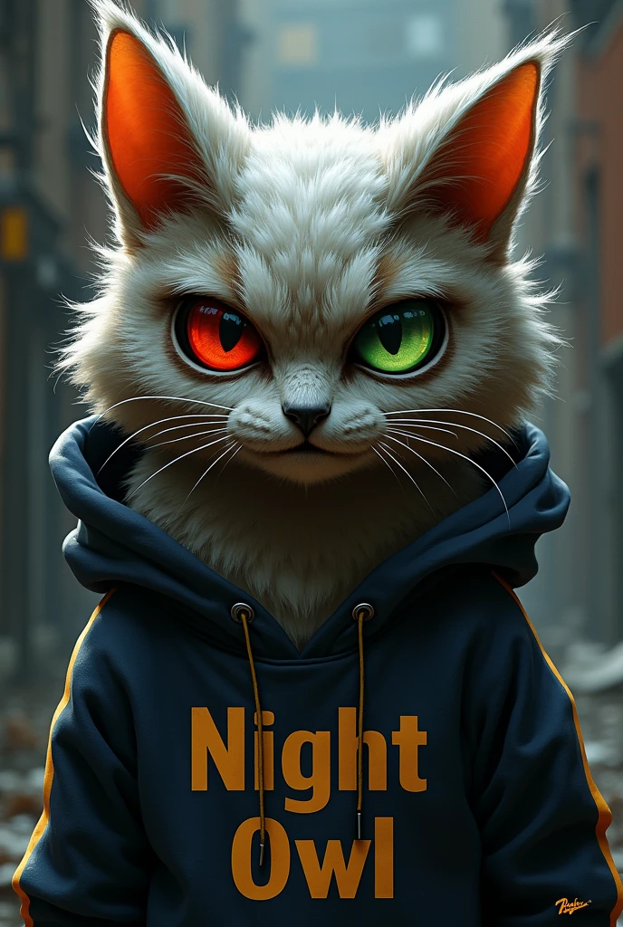 An owl cat with dark circles, red and green eyes, hip hop clothing that says night owl and is tough 