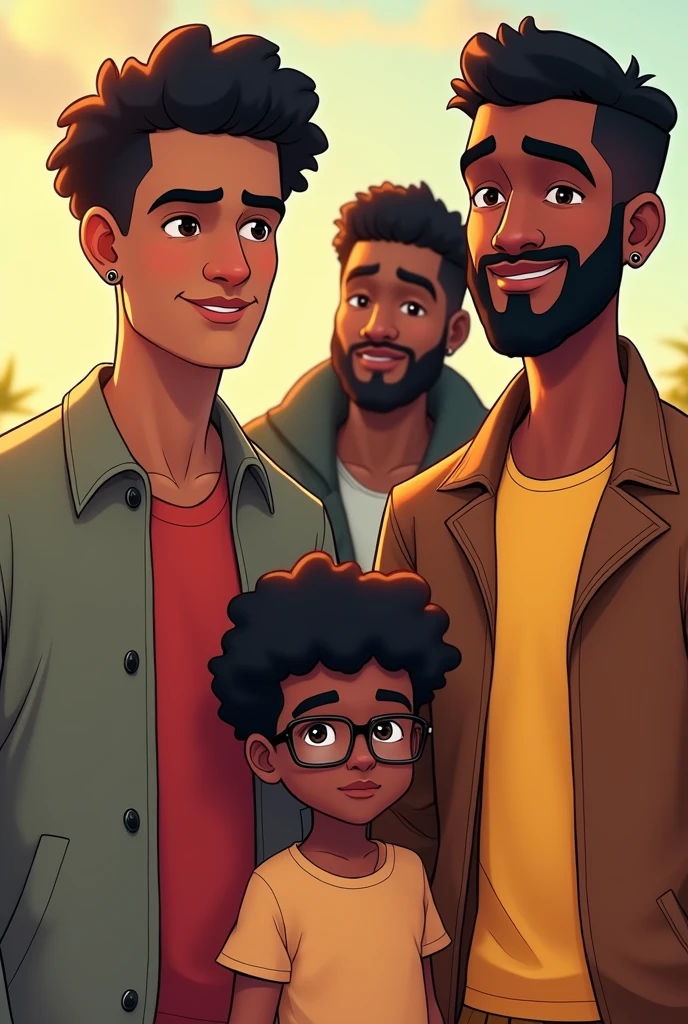 Je veux une photo de quatre garçons jeunes adultes blacks très beaux avec des visages matures et  sans boucle d'oreille 
L'un grand de taille
Un autre plus costaud que lui et légèrement plus court que lui, le teint plus foncé avec de la barbe et moustache plus que les autres parce que les autres n'en ont pas du tout 
Un autre qui porte des lunettes et plus court que les deux autres mais plus grand que le dernier
Et le dernier qui est plus court que tt le monde et plus costaud que tt le monde 
Et que les tailles soient bien visibles et bien respectées
Et je veux ça sous forme de dessin animé 