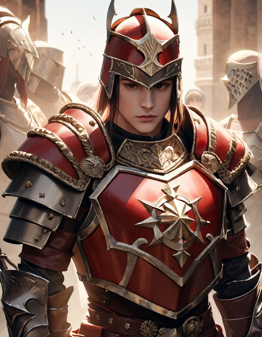 ((roman inspired color scheme)), ((lorica segmentata armor)), ((4th-century western roman inspired armor)), hope, ((iconic roman inspired armor, Galea helmet, red crest of horse hair, crest on top of Galea, Lorica musculata breastplate)), ((scutum shield, tower shield)), ((Full body portrait)), ((Roman inspired warrior)), (Royal roman soldier), (4th century armor), ((Red intricate details on armor)), photorealistic, hyperrealistic, 8k, high quality, cinematic, dramatic lighting, fantasy, uplifting atmosphere, intricate details, angelic, holy, mysterious, savior, peaceful, foreboding, calming, chiaroscuro, dramatic shadows, dramatic highlights
