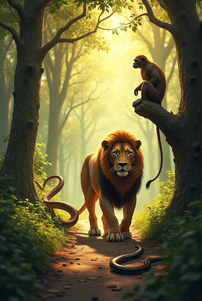 Lion in forest snake cross road monkey sit in tree sunlight in yellow