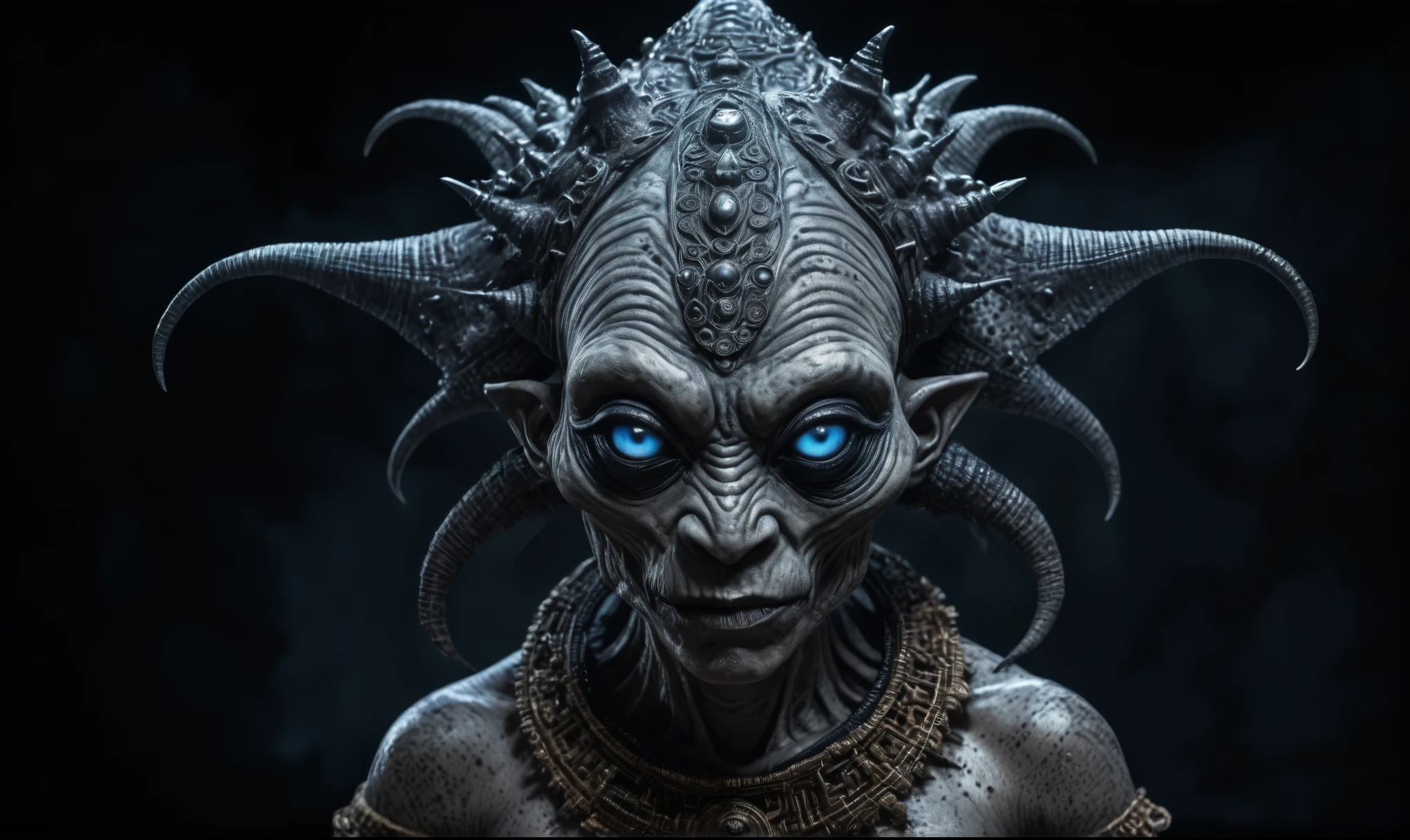 full body length shot,nerd graphite  Alien Entity,native africa slave ,nowadays azctec central city,Cinematic,soft colors, Technicolor,natural skin textures, hyper realism, hyper detailed,Extremely detailed,High contrast,Masterpiece,Realistic,Ultra Detailed, intricate details,realistic humid leather,extremely intricate details,Epic Realistic, cinematic style, irina yermolova,high contrast,hdr,extremely detailed, [deep night landscape],masterpiece, intricate details, eyes extremely detailed, high detailed eyes,8k resolution,retina, Nikon Z9,Korea,orc,Egypt, Pisces, transition between two art styles,full body length, Double contact, X-ray, Creative, vivid light, fantasy, Abstract, Surrealism, super detailed, high resolution,insanity national folk wear,skin  almost translucent, gothic elements, further emphasizing its dark air,Mestichino,Light particles,chaos,starfish's leather,Angkor Wat of Cambodia,"(The best lighting, dark, dramatic),(alien troll half-skull fetus, Hellraiser, Scars, , without brain, , dog inside the head, terror.),(fish eyes, calaveras). studio light

