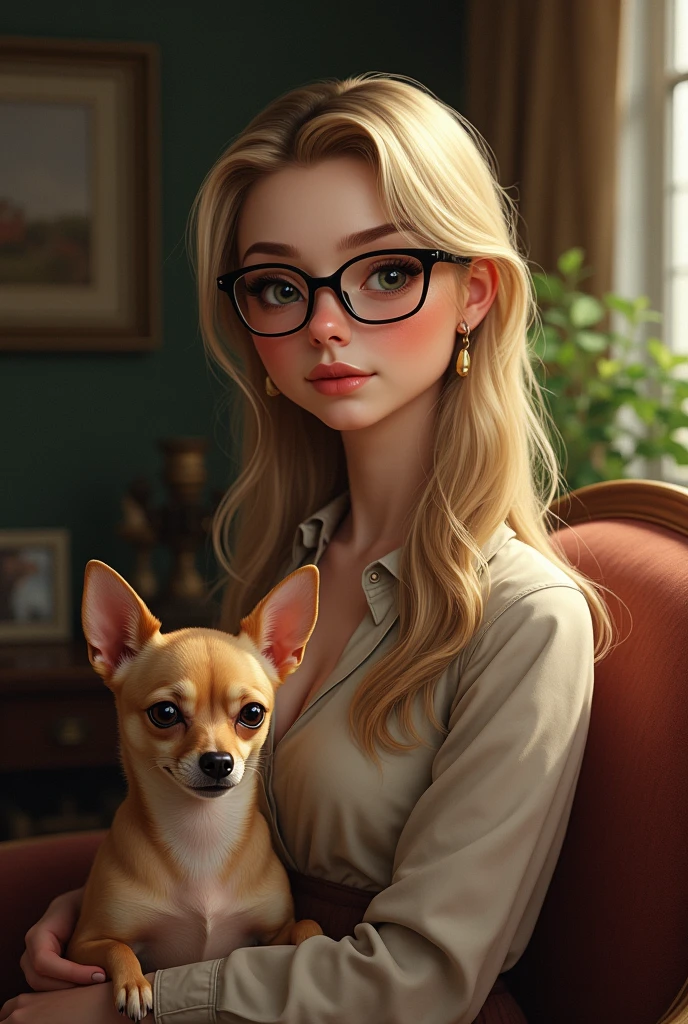 Create my photo I am a brunette girl with smaller eyes, a bigger nose, a small mouth, long blonde hair dyed with black roots with a small Chihuahua dog with a light brown Pincher.with old money style and I wear glasses