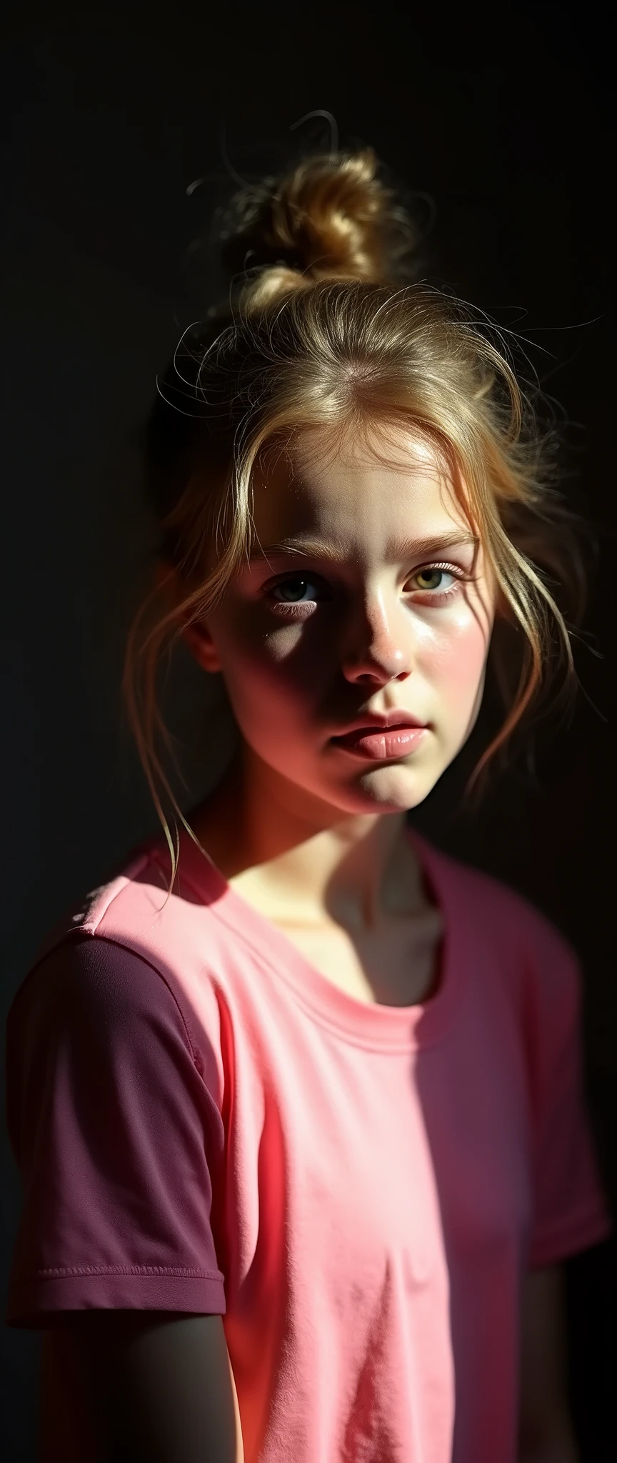 analog photo,silhouette,spotlight, portrait, a beautiful cute young Swiss girl 1, 1, highly detailed face, blonde, messy bun, small breast, seducing facial expression, wearing pink t-shirt, dark background, fair colors, RAW candid cinema,16mm, color graded portra 400 film, remarkable color, ultra realistic, fair skin,
