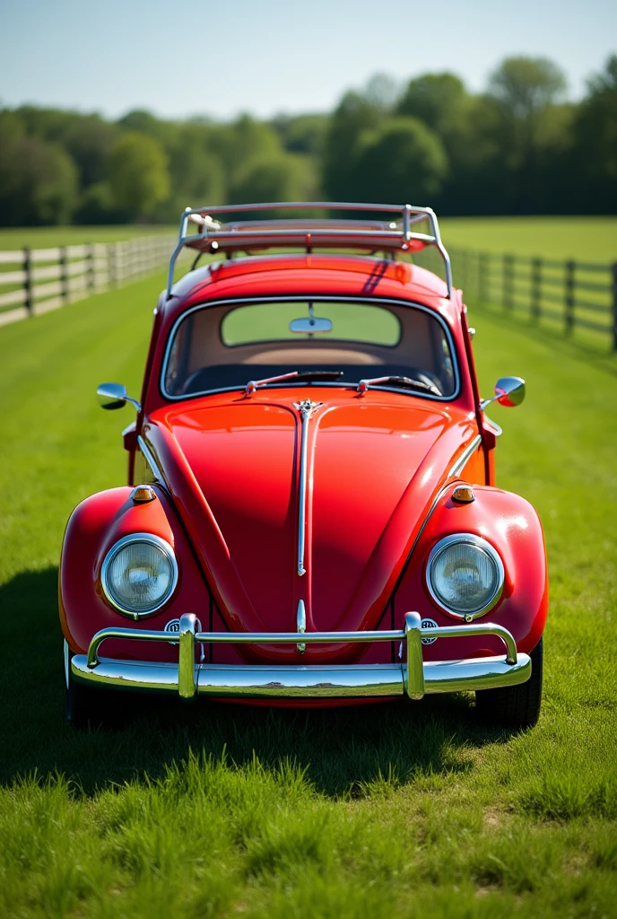 A red 1997 Volkswagen car in a pasture of short, green grass
