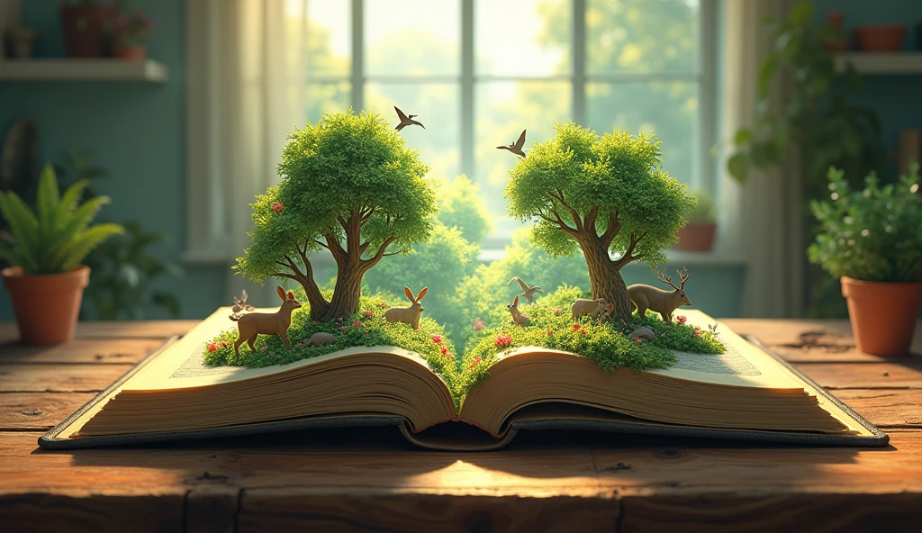 an open book with a picture of a forest and animals on it, on a table with a window, Chris LaBrooy, magical realism, storybook illustration, a storybook illustration, 3d