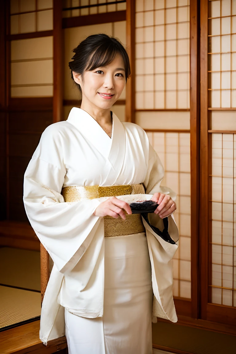 Japanese Mature、Innkeeper、Super glamorous、Plump、kimono made of thin fabric、White kimono、Japanese-style room、See-through yukata