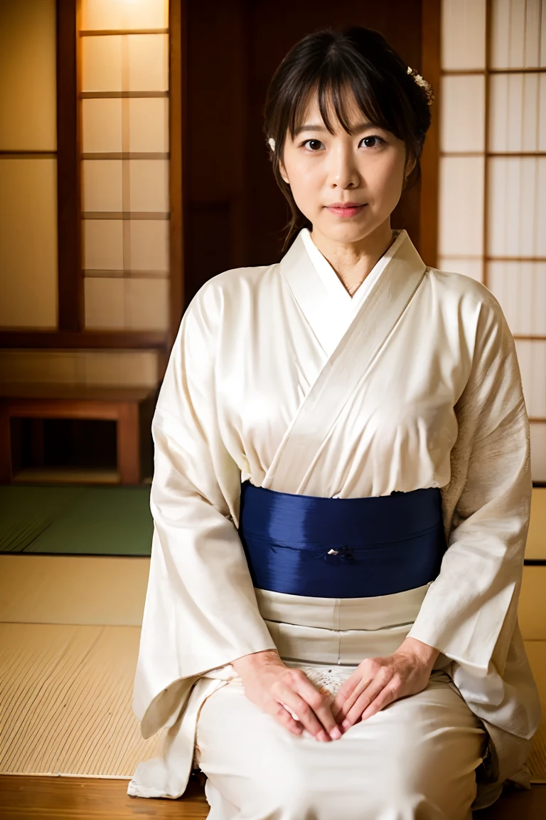 Japanese Mature、Innkeeper、Super glamorous、Plump、kimono made of thin fabric、White kimono、Japanese-style room、See-through yukata