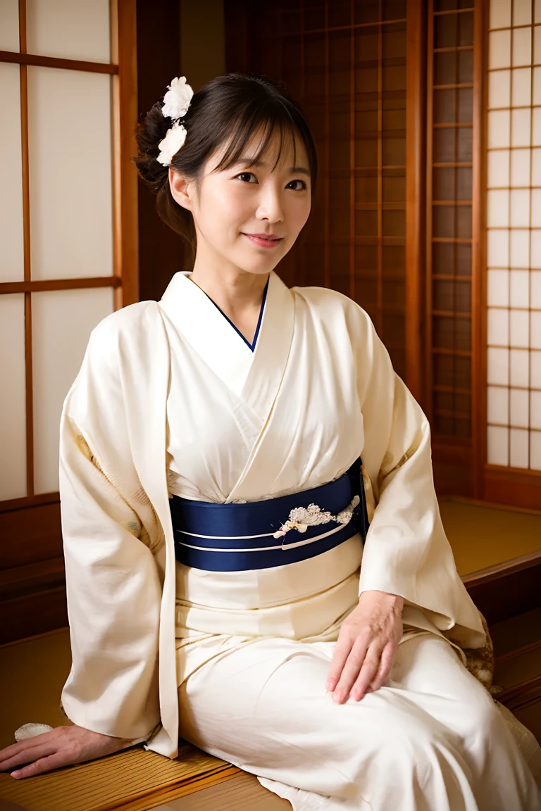 Japanese Mature、Innkeeper、Super glamorous、Plump、kimono made of thin fabric、White kimono、Japanese-style room、See-through yukata