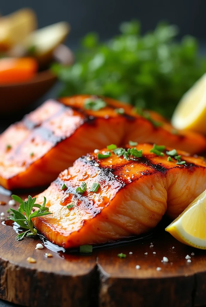 Create an image of this recipe: Grilled Salmon with Honey Mustard Sauce Ingredients:

- Salmon fillets: 200 g - Dijon mustard: 10 g - Honey: 10 g - Garlic: 10 g - Olive oil: 15 ml
- Sal: 5 g - Pepper: 2 g Preparation:

1. Preheat grill to high temperature.

2. Mix the mustard, honey and minced garlic in a bowl.

3. Season the salmon fillets with salt and pepper., and spread with the mustard and honey mixture.

4. Place the salmon on the grill and cook for 4-5 minutes on each side., until golden and cooked in the center.

5. Serve hot with a side of roasted vegetables or salad..
