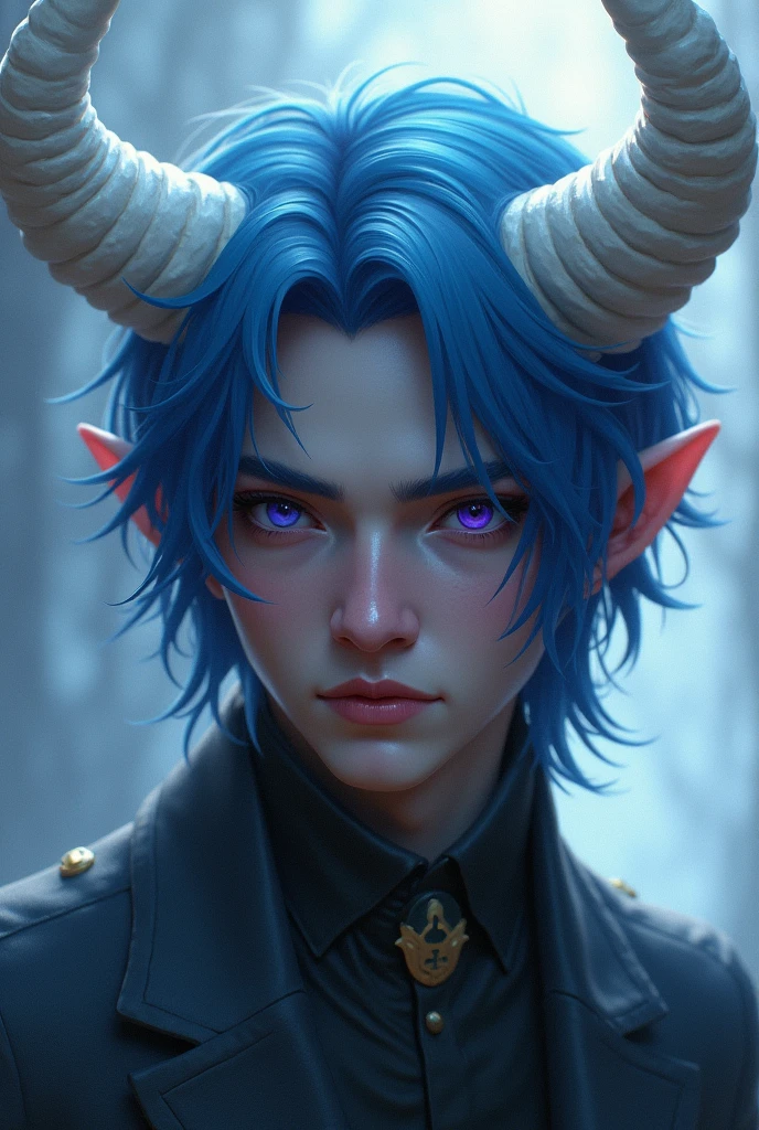 Man with somewhat long blue hair and white horns. purple eyes.