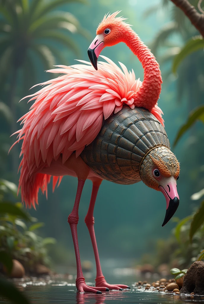 Combines an armadillo and a flamingo in one animal
