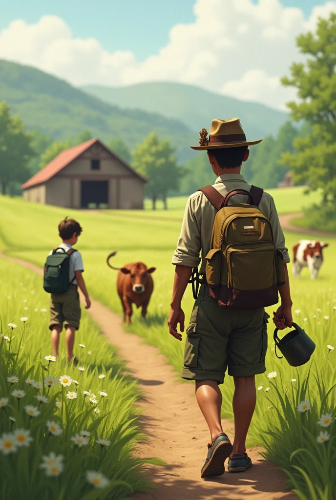 A young man brings his field tools and his backpack along a path:
Another boy with sandals and no hat is looking for a cow and her calf to milk next to the corral..
Do it realistically and contextualized in the field