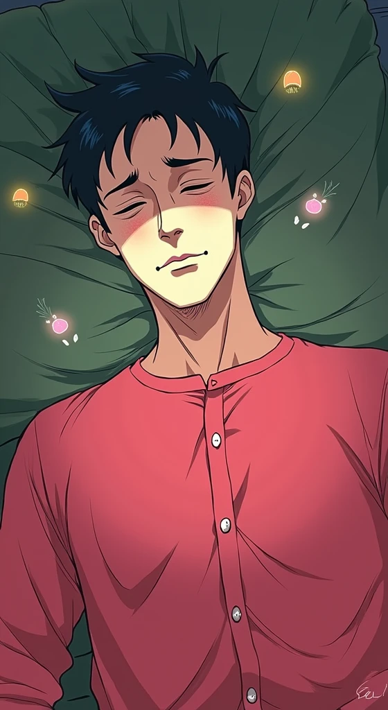 very tired-looking man is lying on sofa in the dark room with his eyes closed wearing worn-out clothes and in his imaginary world who has a big bright haze over his head and in the haze anime girls are smiling happily