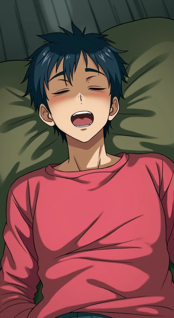 very tired-looking man is lying on sofa in the dark room with his eyes closed wearing worn-out clothes and in his imaginary world who has a big bright haze over his head and in the haze anime girls are smiling happily
