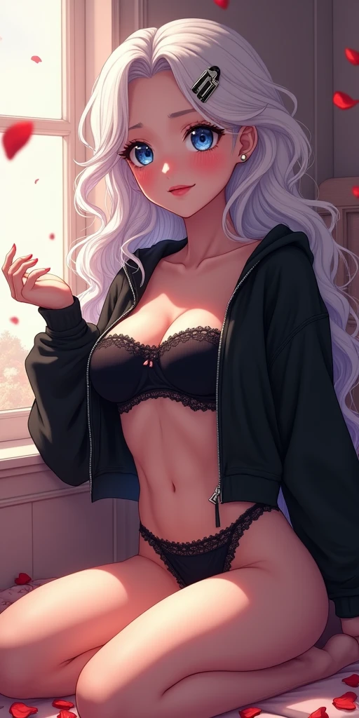 (best quality, ultra-detailed, photorealistic: 1.39), bright and vibrant colors, studio lighting, romantic expression, An effeminate girl, with a delicate and beautiful face. She is a girl who reflects seductive beauty, sparkling eyes, A beautiful adult woman beautiful and voluminous curly white hair, hair clip, crying a seductive 2 woman with big breasts seduces, with her large breasts seduces, black sweatshirt, hood, zip, bold sexy pantieswith lace details, happy expression with an insinuating smile, with beautiful legs, with her blue eyes that matches her soft smile, in a beautiful pose demonstrating her seduction in the room near the window, decoration with rose petals, anime style, like a manwha character