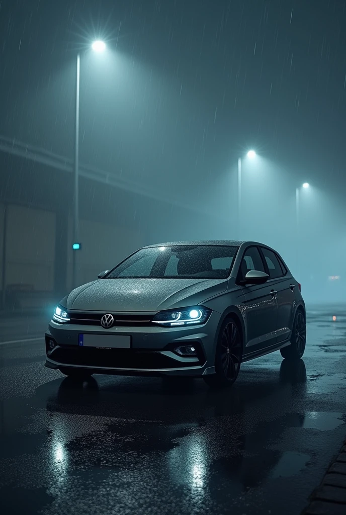 A polo GT parked in the rain with fog
 