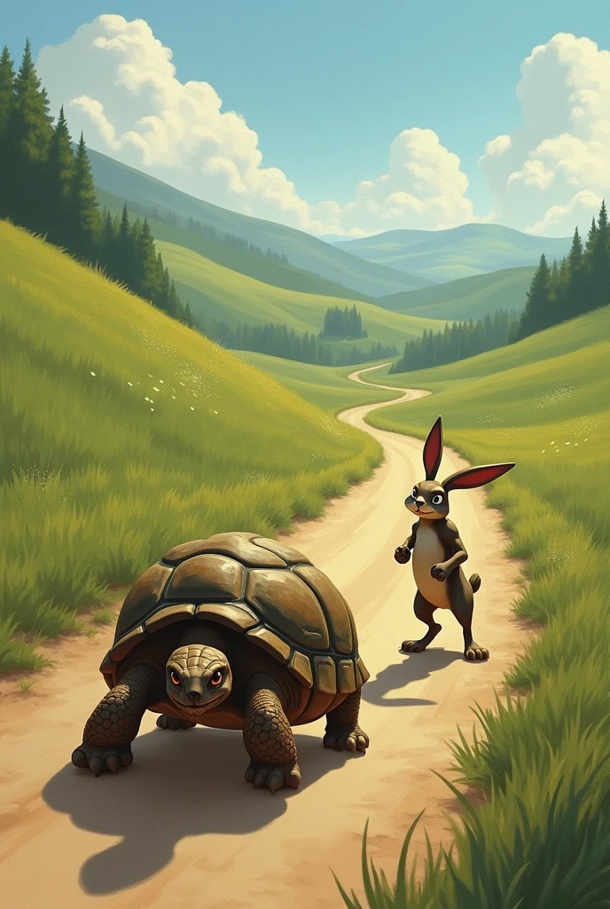 Describe the turtle looking determinedly toward the finish line, with the hare mocking at his side.