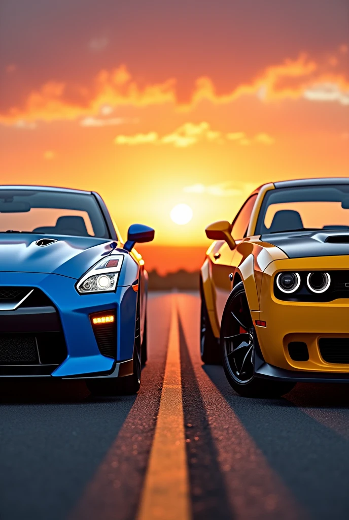 blue gtr and a yellow hornet with a sunset behind