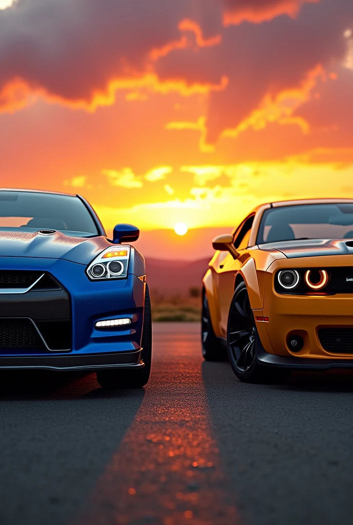 blue gtr and a yellow hornet with a sunset behind