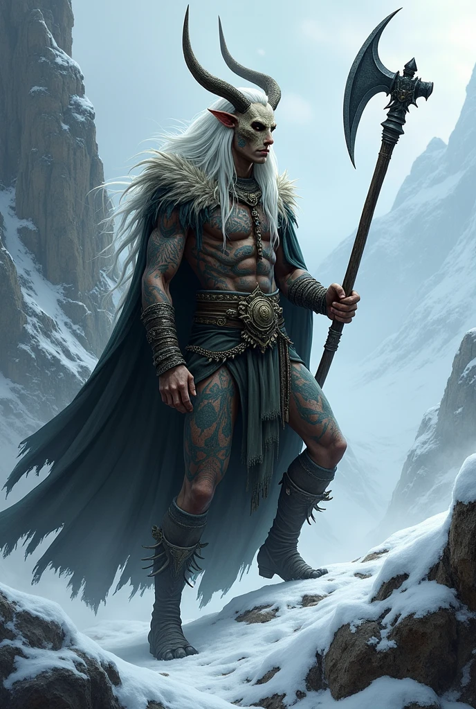 Dark elf young man full body, long white hair, tattoos on face, Druid, one-handed sickle and animal skull on the head, Attack position, Wolf skin, Mountain and snow environment