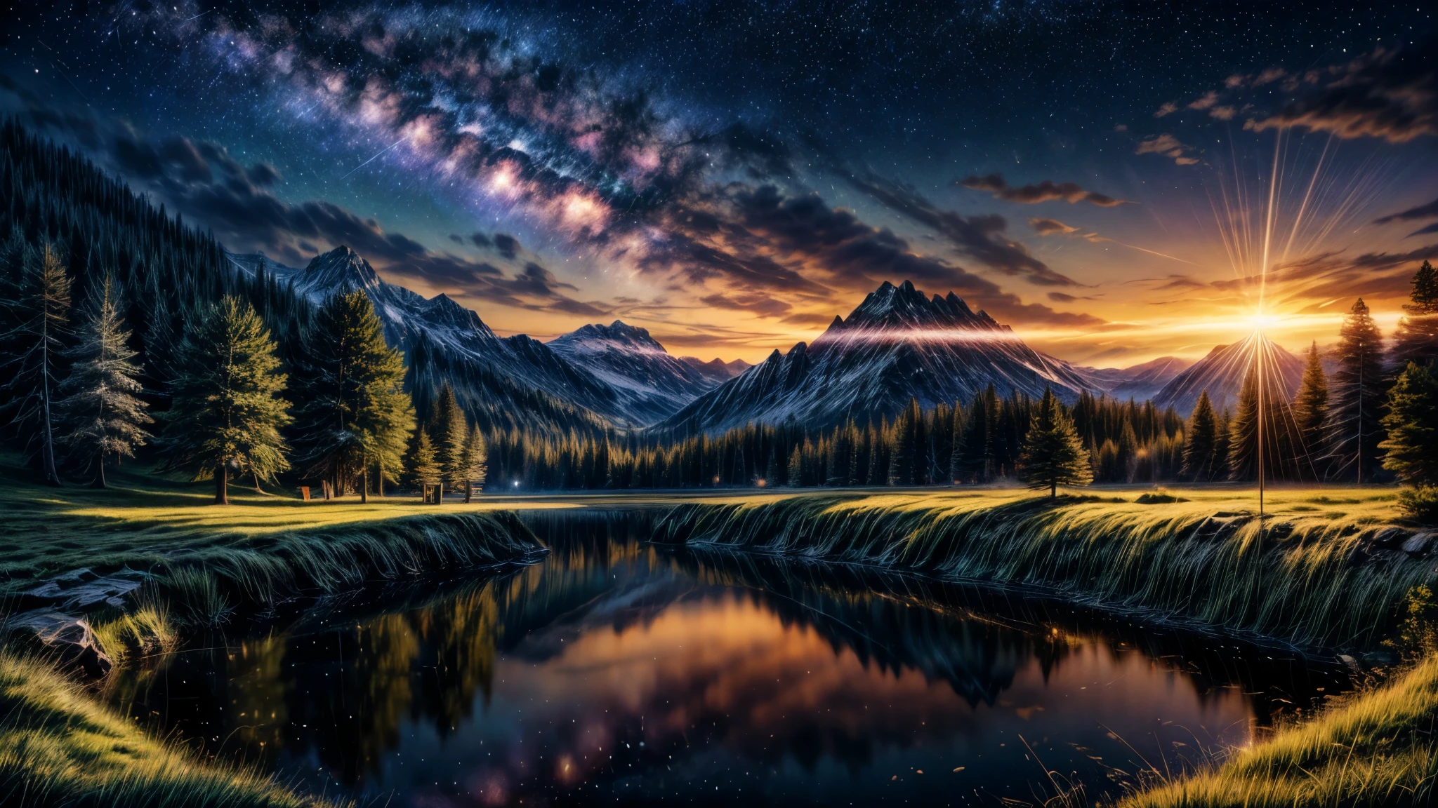 (logo, wonderful, 8k, Tabletop, RAW Photos, wonderful, 最high quality, PhotoRealistic and Very detailed, CG, high quality, Very detailed, Narrative poem, Particle Effects, Dynamic Effects, Text Border Depth, Cinema Lighting, Flare, Ray Tracing, Tabletop, Realistic, Ultra HD, Fantasy), Wind, The beauty and brilliance of mountains and forests, The tranquility and beauty of the grasslands and open lands of the world, Lakeside, wonderful scenery, Beautiful natural scenery, night, Starry Sky, constellation, Faint full moon, space, nice, View, water, reflection, constellation, wonder, wonderful, meteor, magic, Best lighting, Best Shadow, amazing