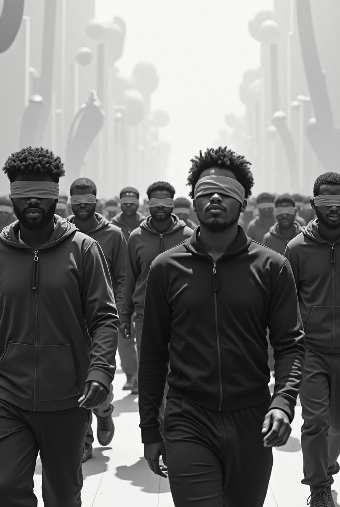 A black and white image of a blindfolded crowd, walking in different directions and colliding with objects 