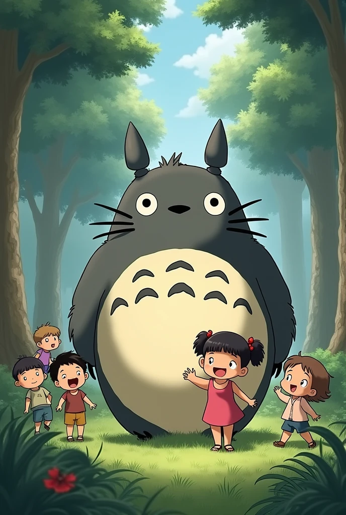Everyone is smiling。Please draw my neighbor Totoro, the Catbus, and lots of children.。
