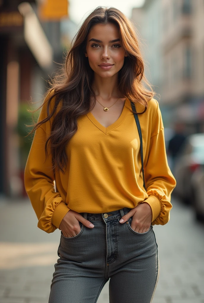 Une belle femme avec des longs cheveux et des gros fesses habillée avec une paire de jeans gris et un maillot jaune, avec un pancarte dans sa main où on écrit Subscribe to Donson14.