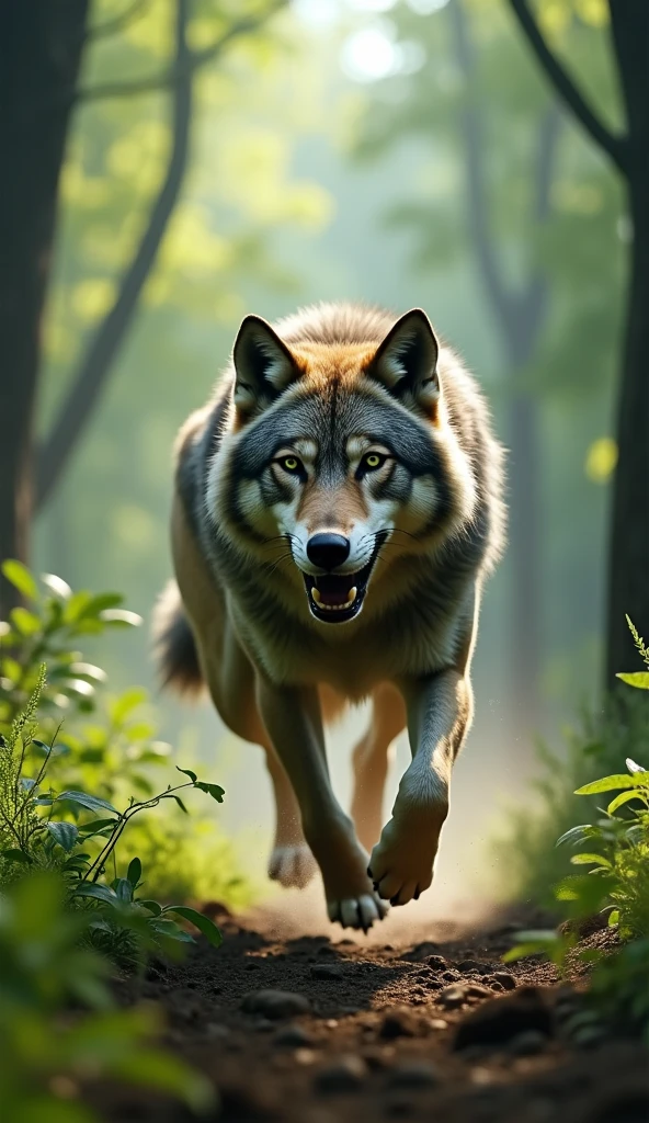 Ultrarealistic 8k Image, "A wolf running at high speed through a dense forest, with tall trees and soft light filtering through the leaves. He is focused on his prey, with eyes fixed straight ahead, and your muscles are tense, showing determination and resilience. The surrounding environment seems to be in motion, giving the feeling of speed and persistence. The wolf&#39;s expression conveys total focus, while the natural scenery highlights the relentless journey of the hunt."
